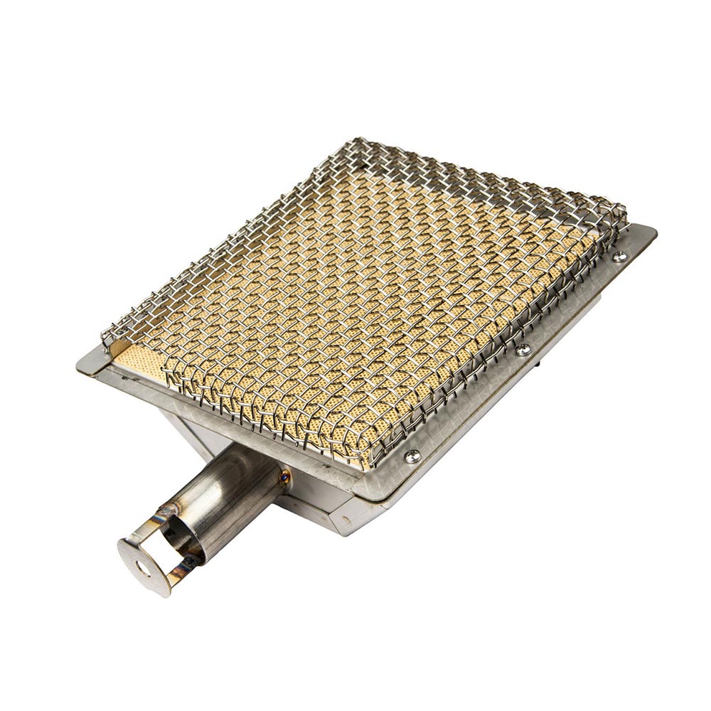 Infrared burner and mesh screen assembly with metal frame and cylindrical gas outlet