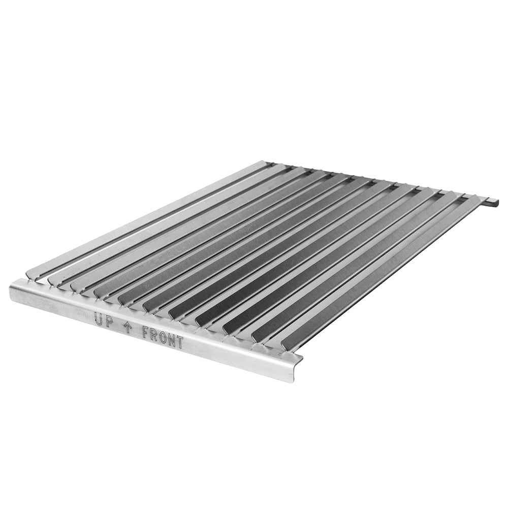 Stainless steel grill grate with parallel bars and side frame, rectangular cooking surface