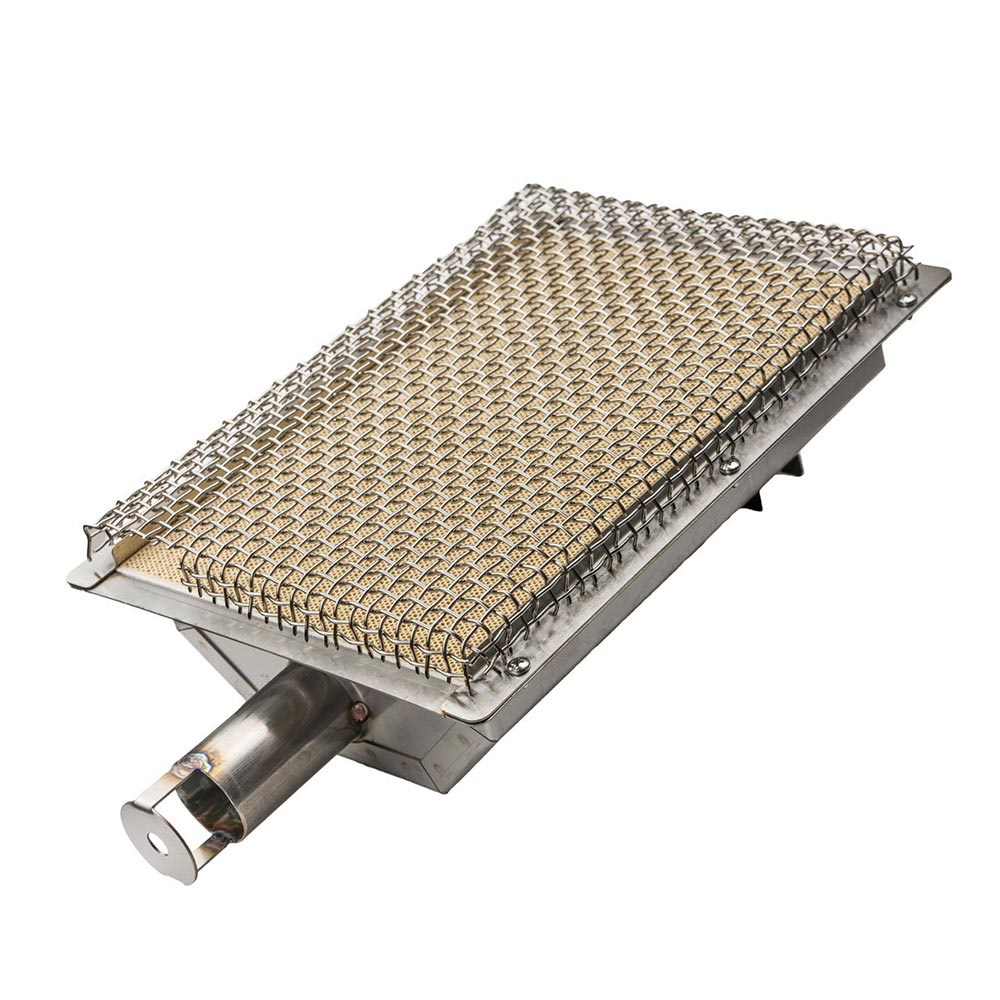 Infrared grill burner with wire mesh screen and metal frame