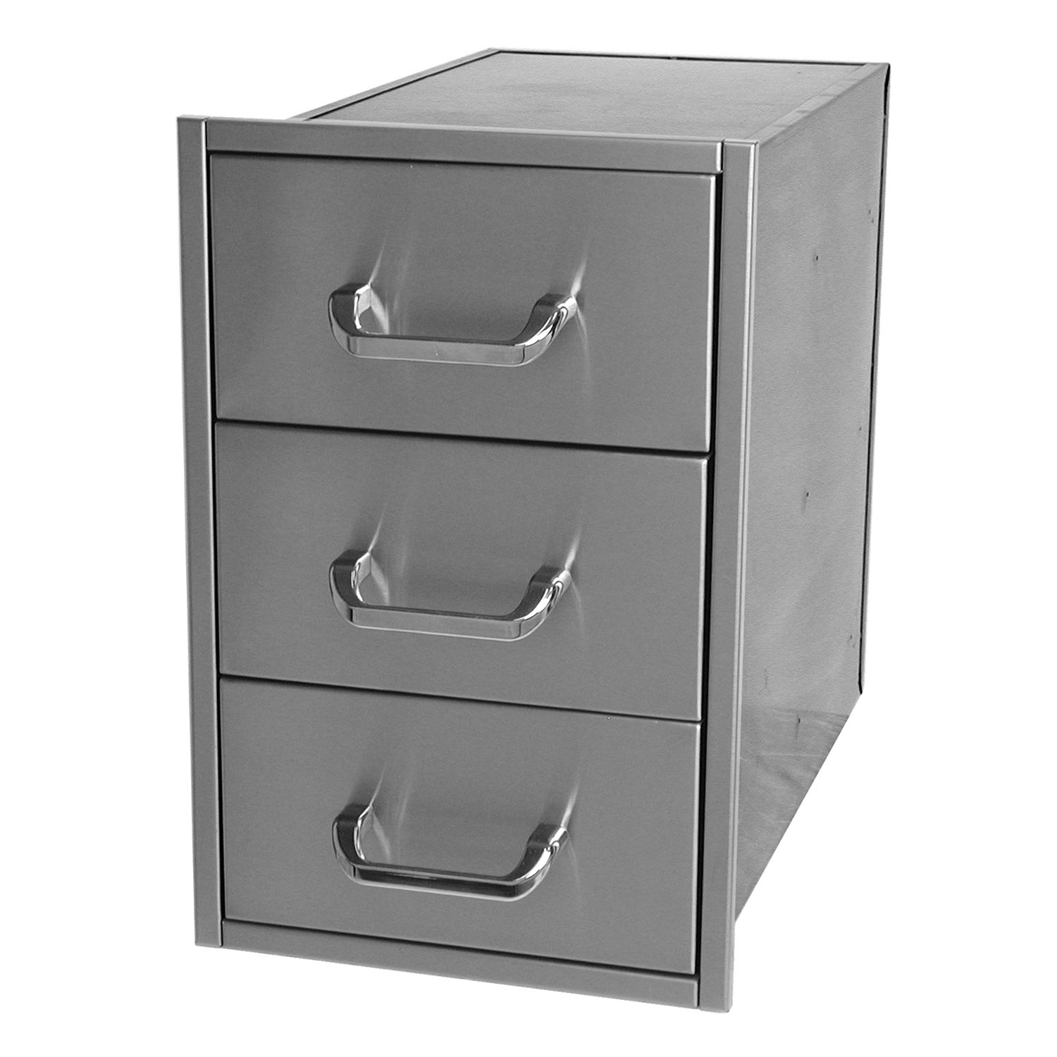 Metal drawer cabinet with three gray drawers and chrome bar handles