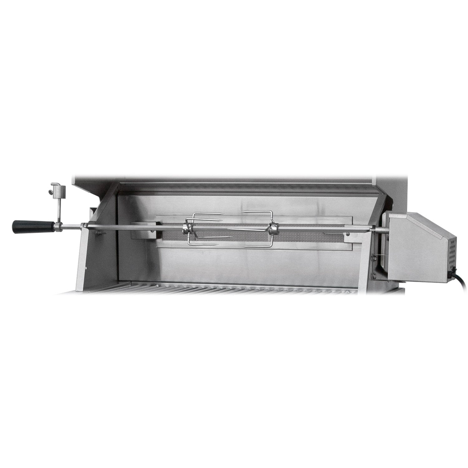 Stainless steel rotisserie kit with spit rod, forks, and motor mount for 42-inch grills