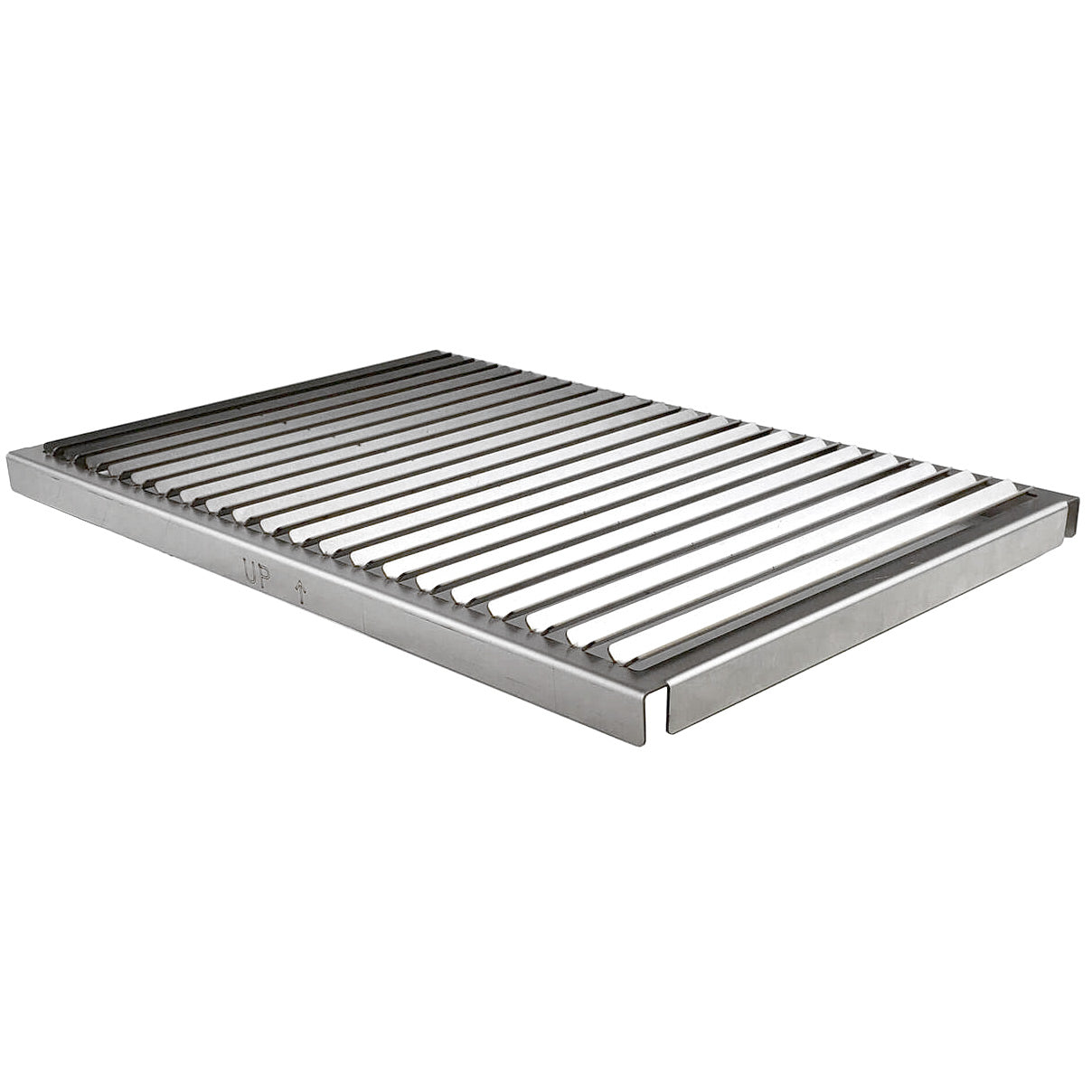 Stainless steel grill grate with parallel bars and rectangular frame, U-shaped corner supports.