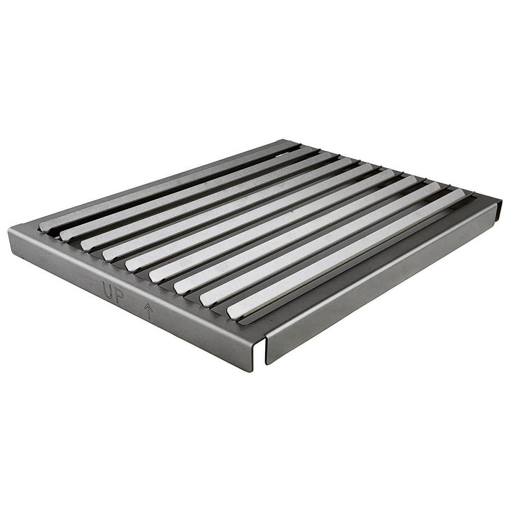 Stainless steel grill grate with parallel bars and rectangular frame for single burner