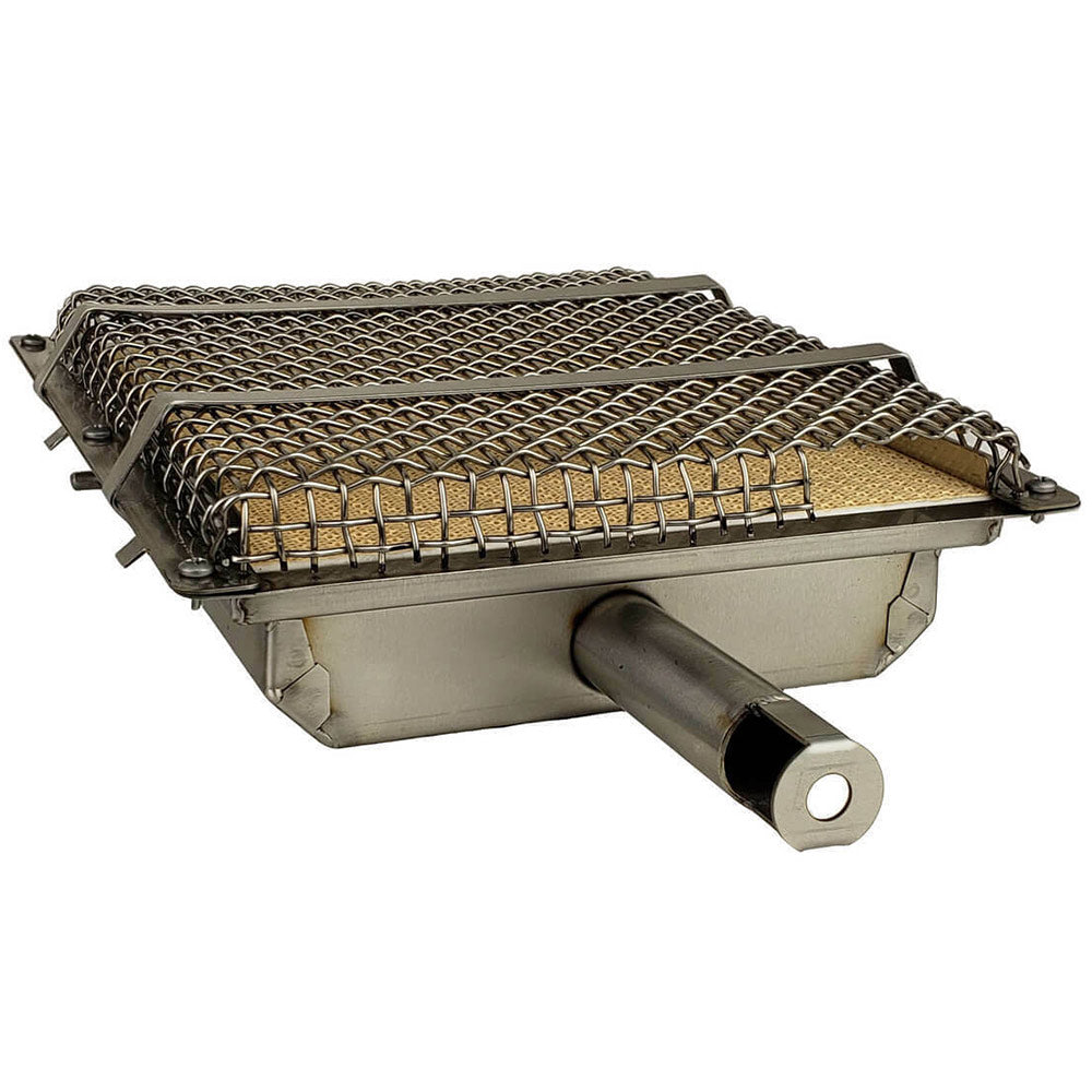 Infrared grill burner with metal mesh screen and rectangular stainless housing