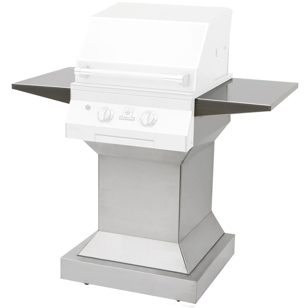 Angular pedestal grill base with white cabinet and dark side shelves, front view