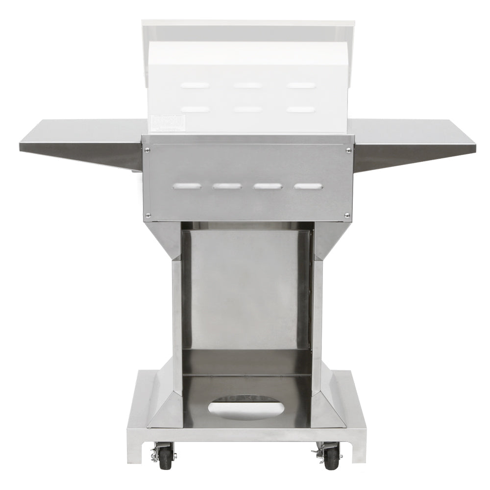 Pedestal grill base with open lower cabinet, white frame and metal shelf, front view