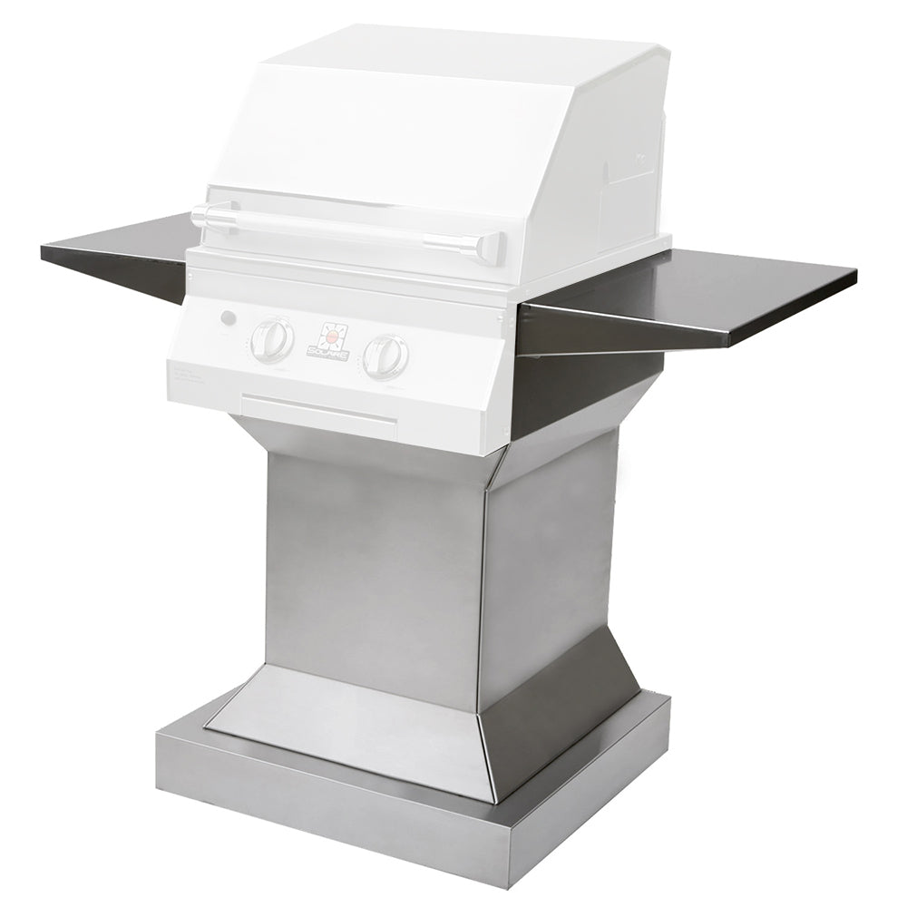 Outdoor grill pedestal base with stainless frame, black side shelves, and white grill unit