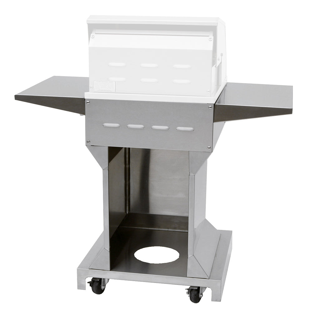 Outdoor grill base with white cart frame, side shelves, open storage area, and casters