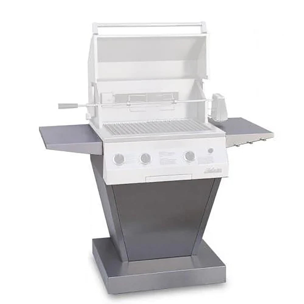 Angular gray metal grill pedestal base with side shelves and open top support
