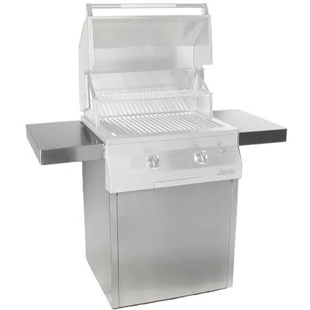 Stainless steel grill cart base with single door, open lid and side shelves