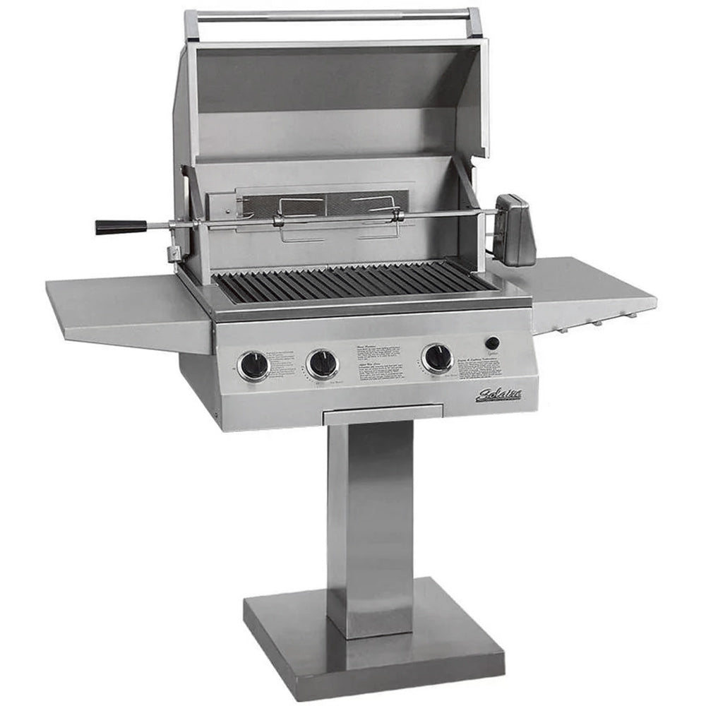 Deluxe gas grill with rotisserie on bolt-down post, stainless steel, open hood