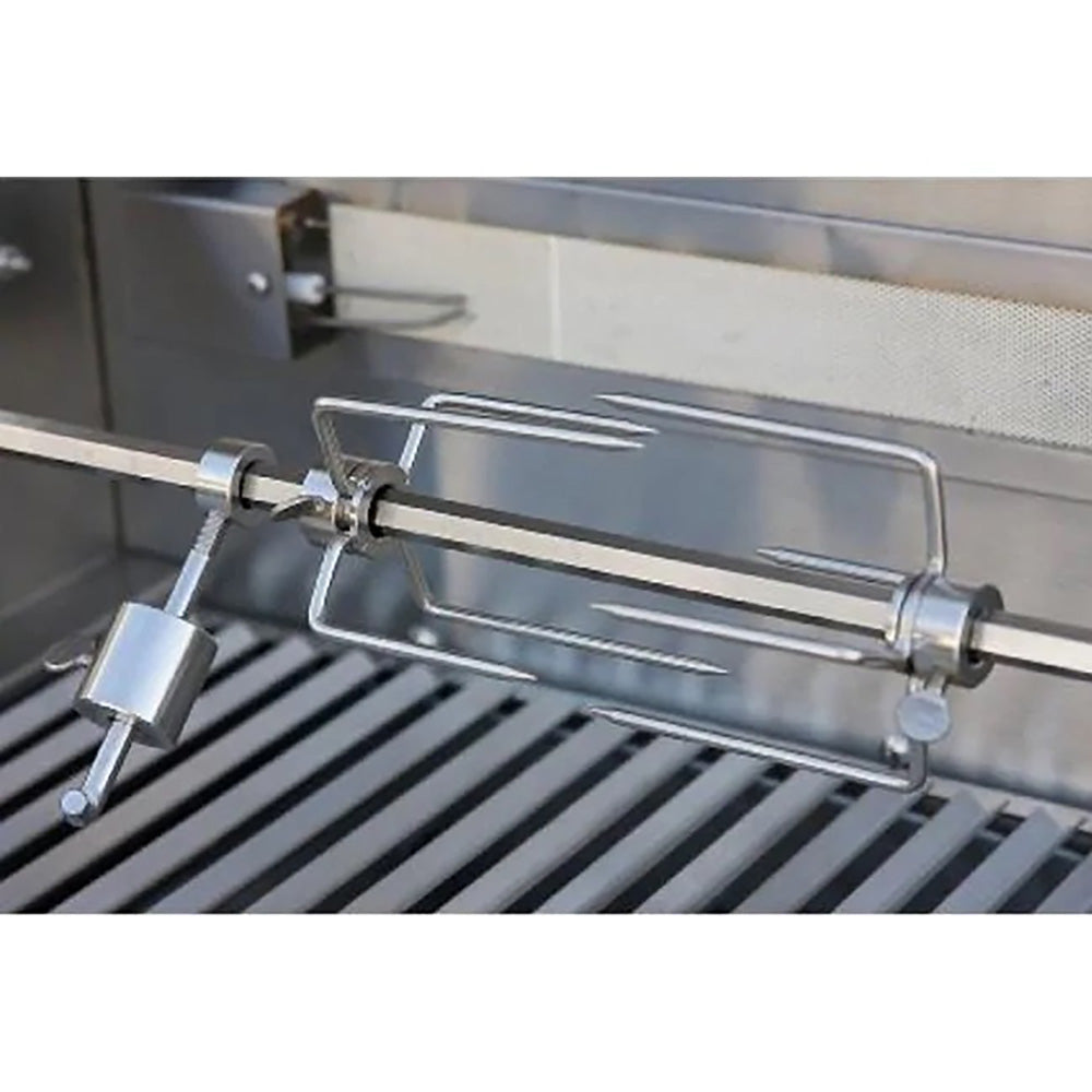 Rotisserie spit rod and support rails over stainless grill grates