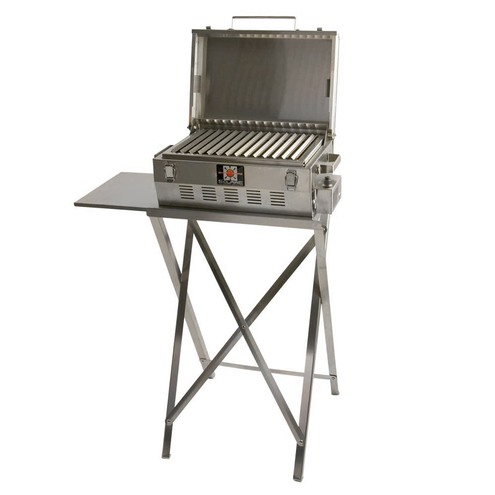 Stainless steel portable infrared grill with lid open and black cooking grates