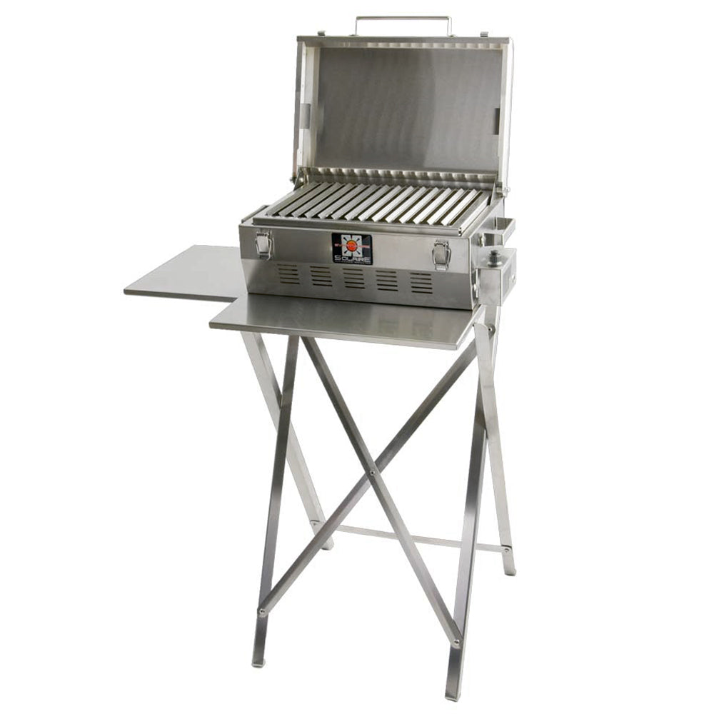 Stainless steel portable infrared grill with lid open and front control panel