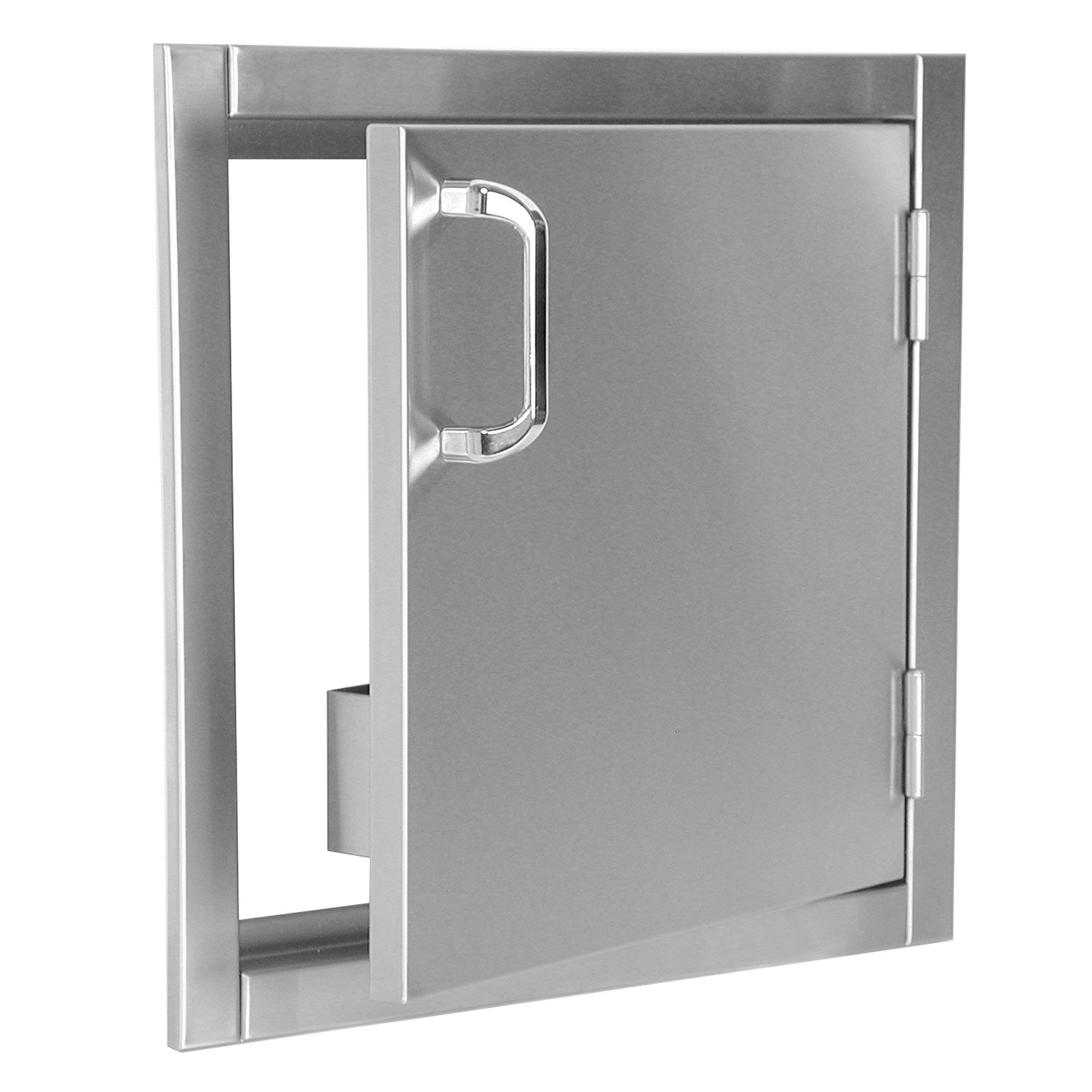 Flush mount access door with handle, rectangular metal panel and hinges