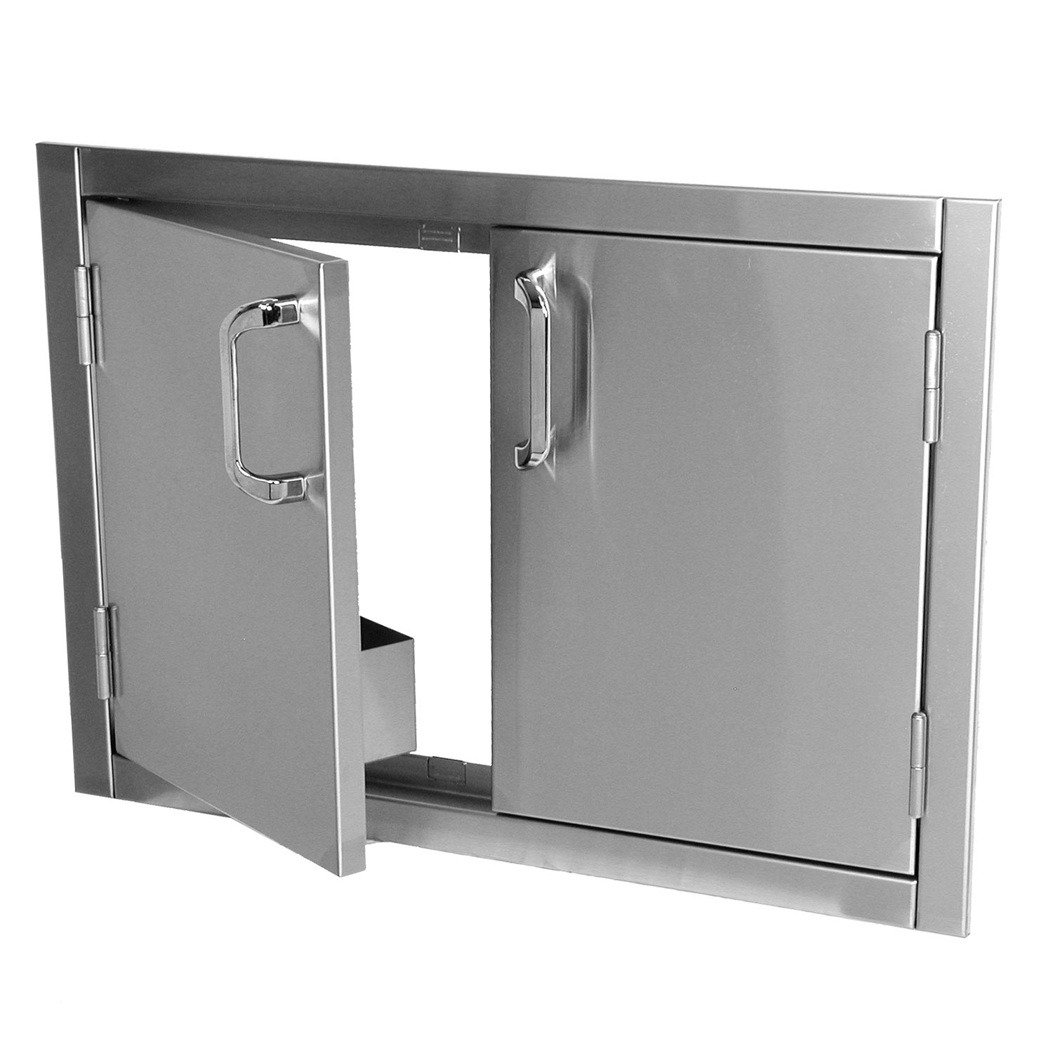 30-inch flush mount double access doors, one door open, silver metal