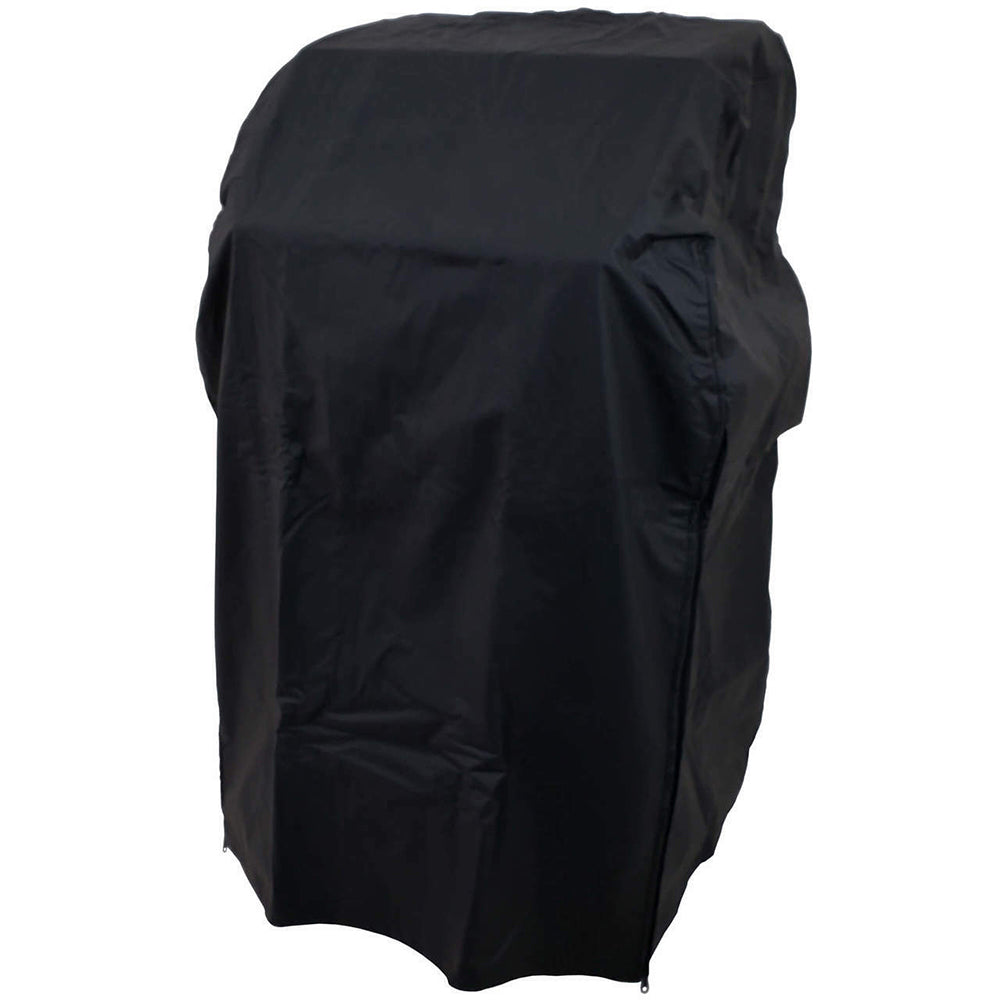 Black grill cover for pedestal grills, form-fitting with drawstring hem.