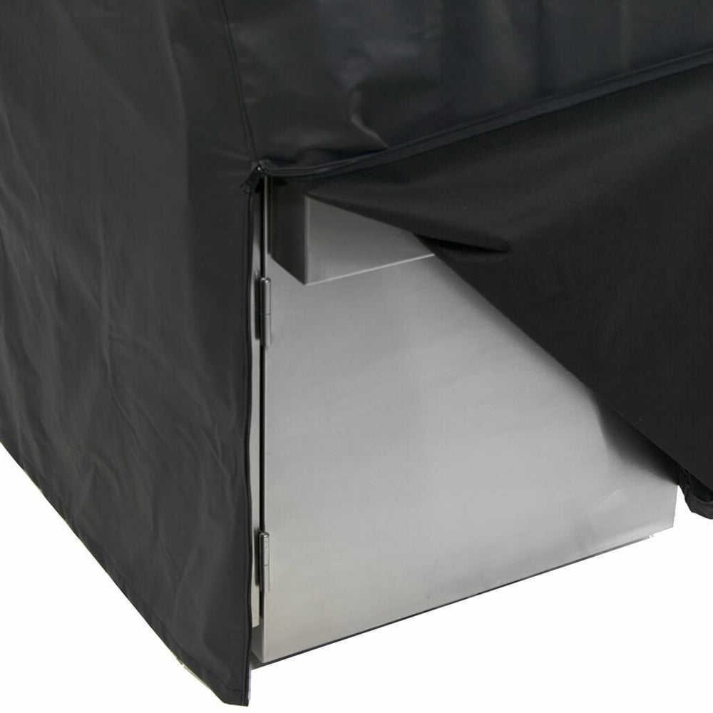 Black grill cover with zippered side panel and reinforced edges.