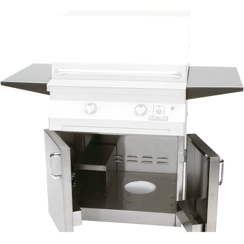 White grill cart with double doors open, side shelves, and metal cooking area