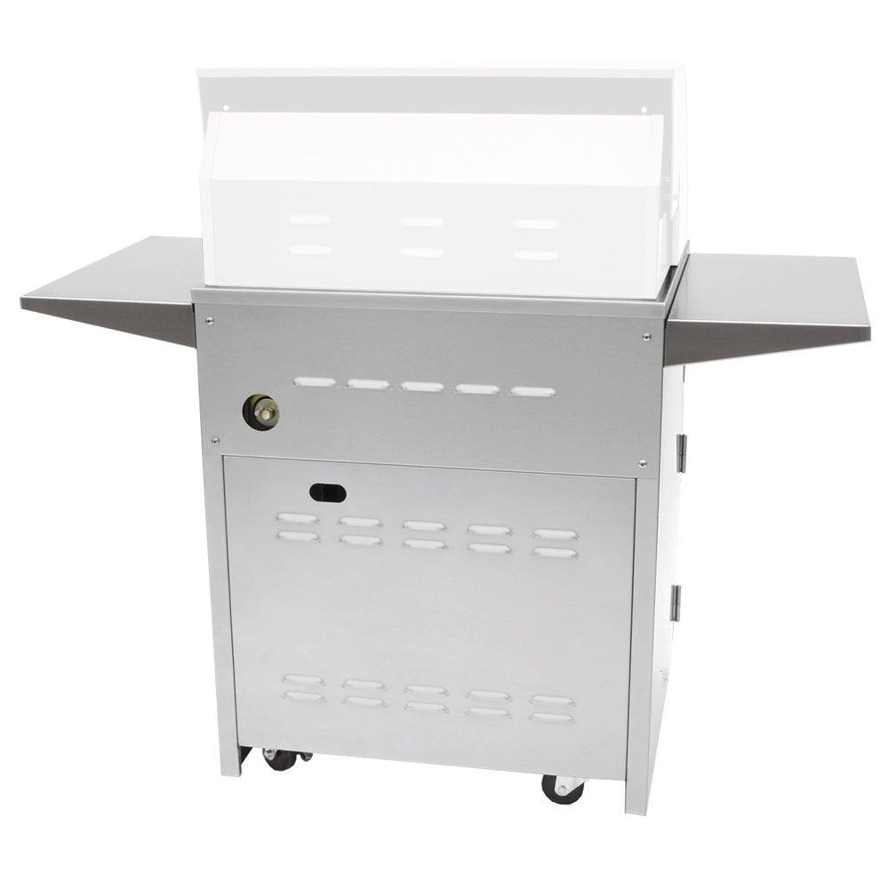 White grill cart with open lid, perforated front panel, side shelves, and caster wheels