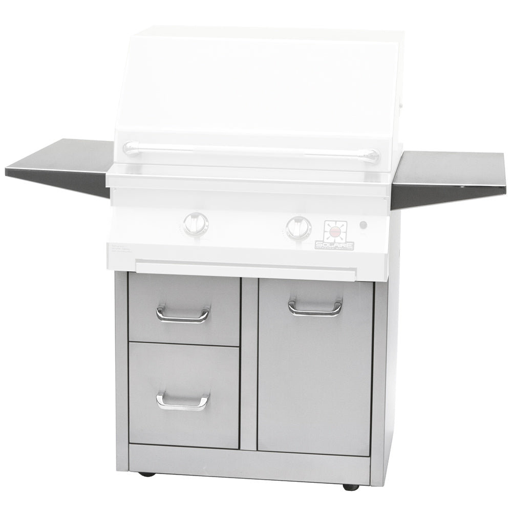 White 3-drawer grill cart with side shelves and closed grill lid