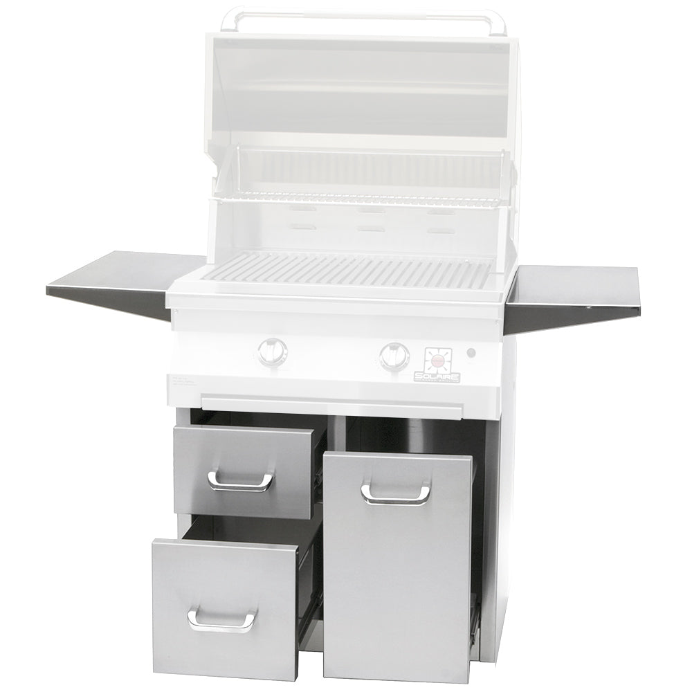 White grill cart with open lid, wire warming rack, and three storage drawers