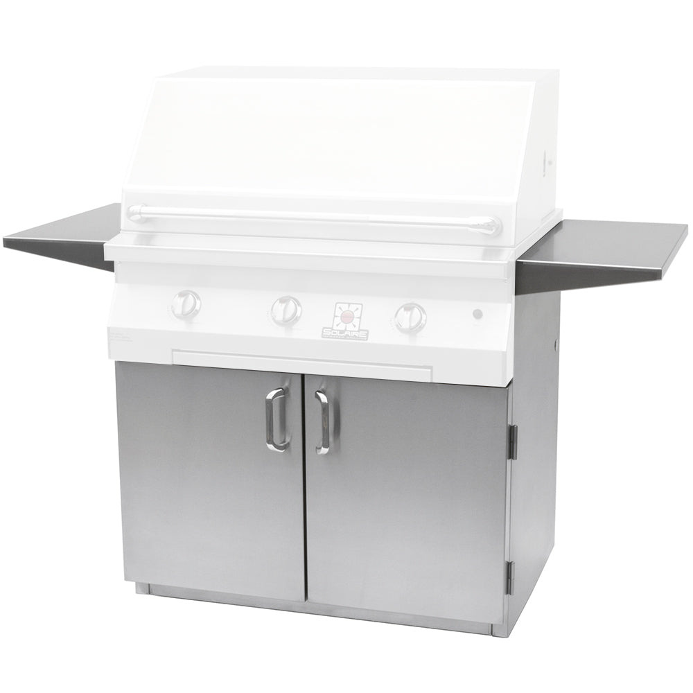 2-door grill cart with white lid, gray cabinet doors, and side shelves
