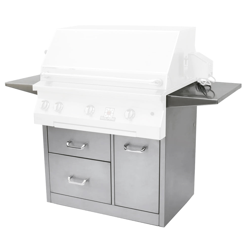 White 36-inch grill cart with two front drawers, cabinet doors, and side shelf