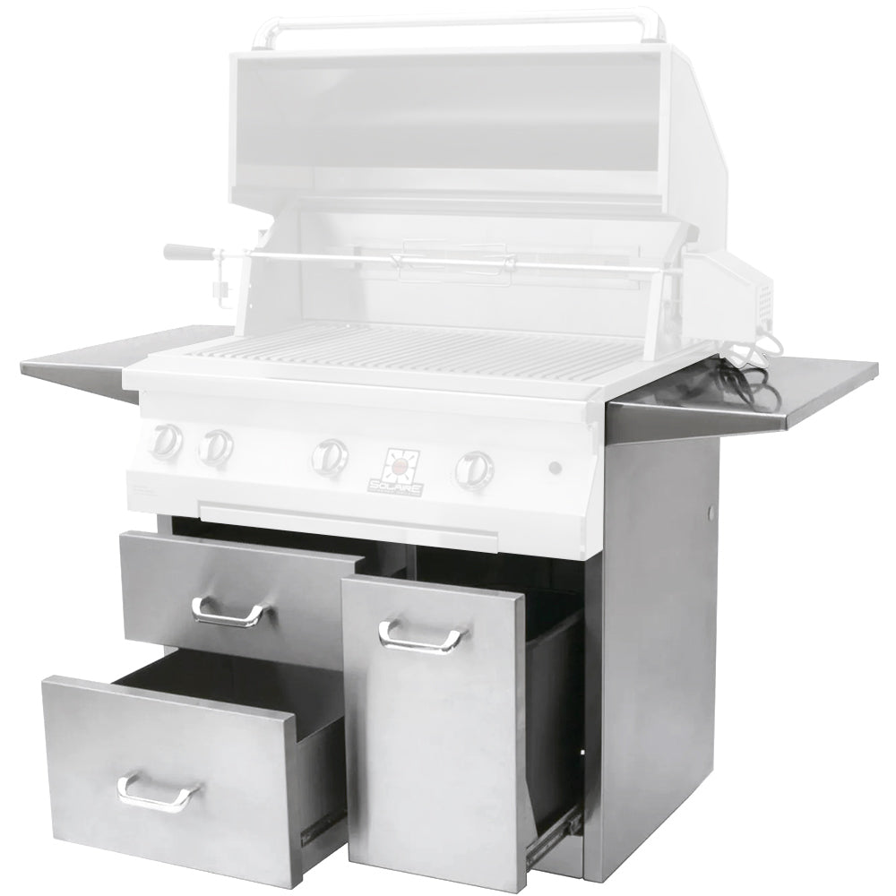 White 36-inch grill cart with open drawers and side shelf, grill lid raised