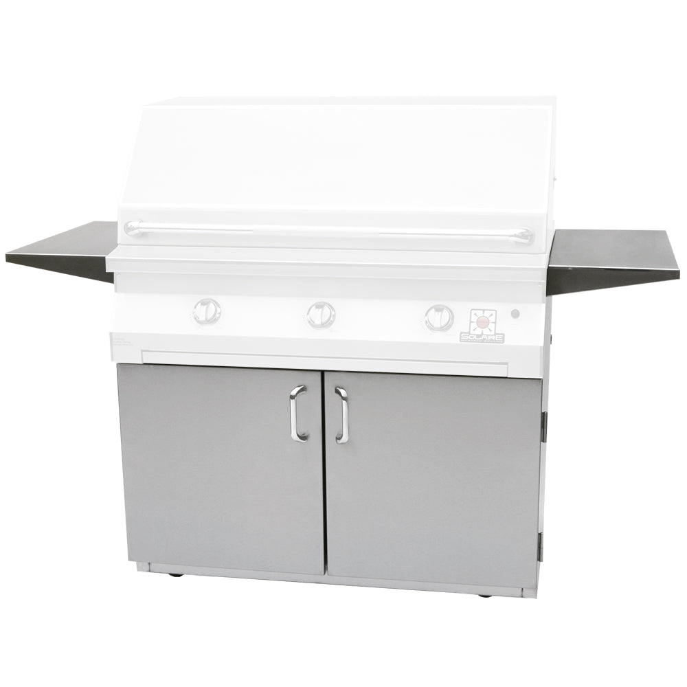 42-inch grill cart, white cabinet with two doors, side shelves, closed lid