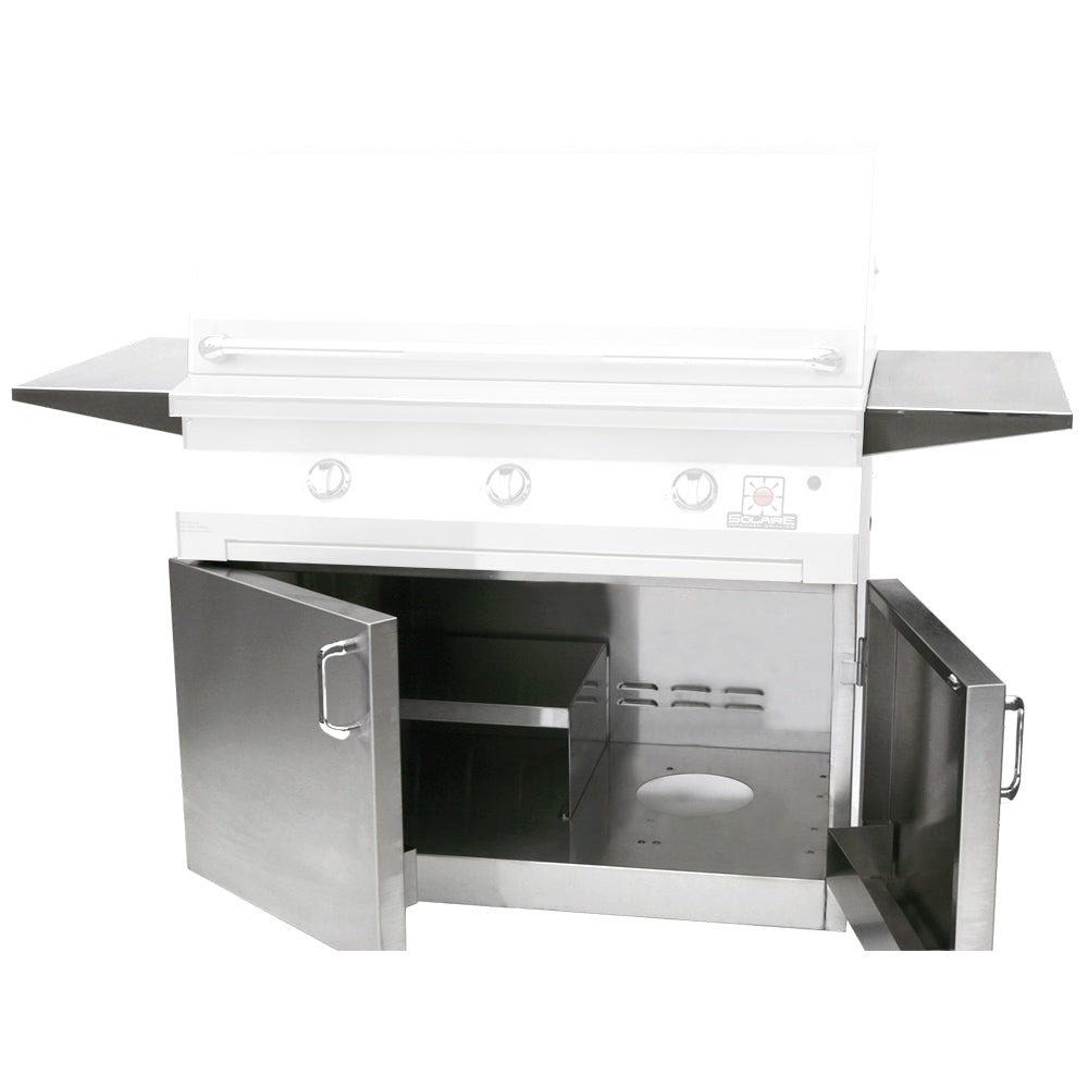 42-inch grill cart with open storage cabinet, grill interior, side shelves, white frame