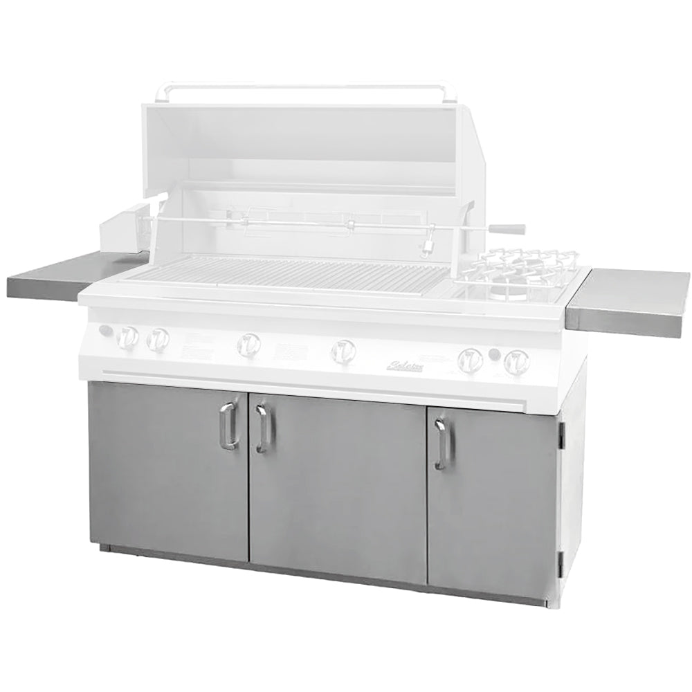 56-inch grill cart with open lid, three cabinet doors, and side shelves, dark gray panels