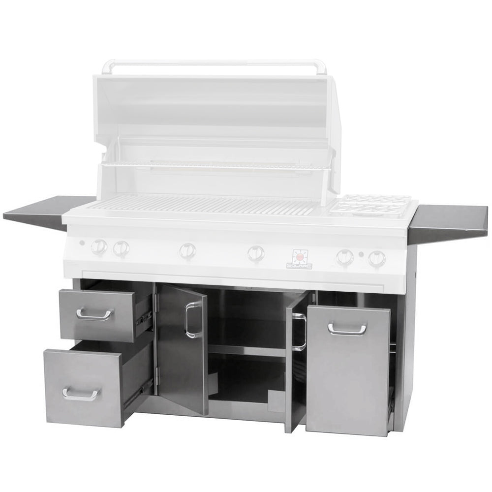 Premium grill cart with open drawers and cabinet doors, white finish, side shelves