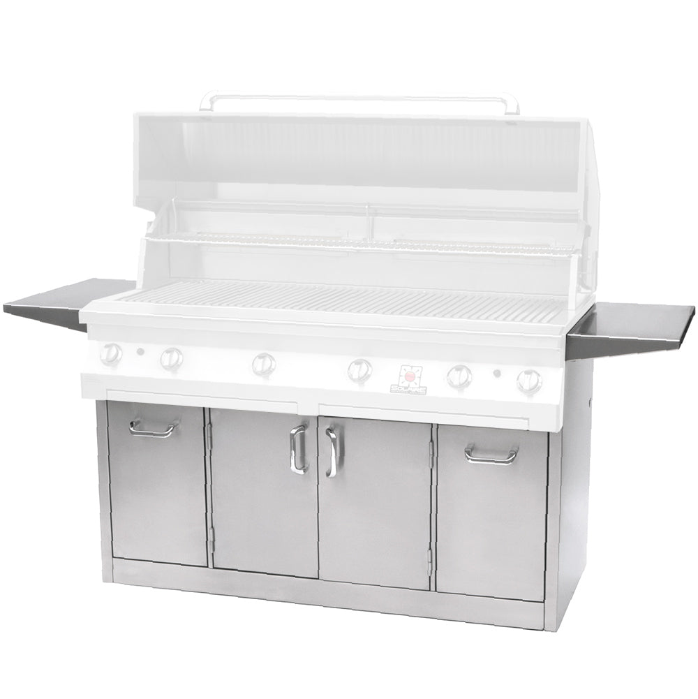 Premium 56-inch grill cart with open lid and two cabinet doors, stainless-style finish