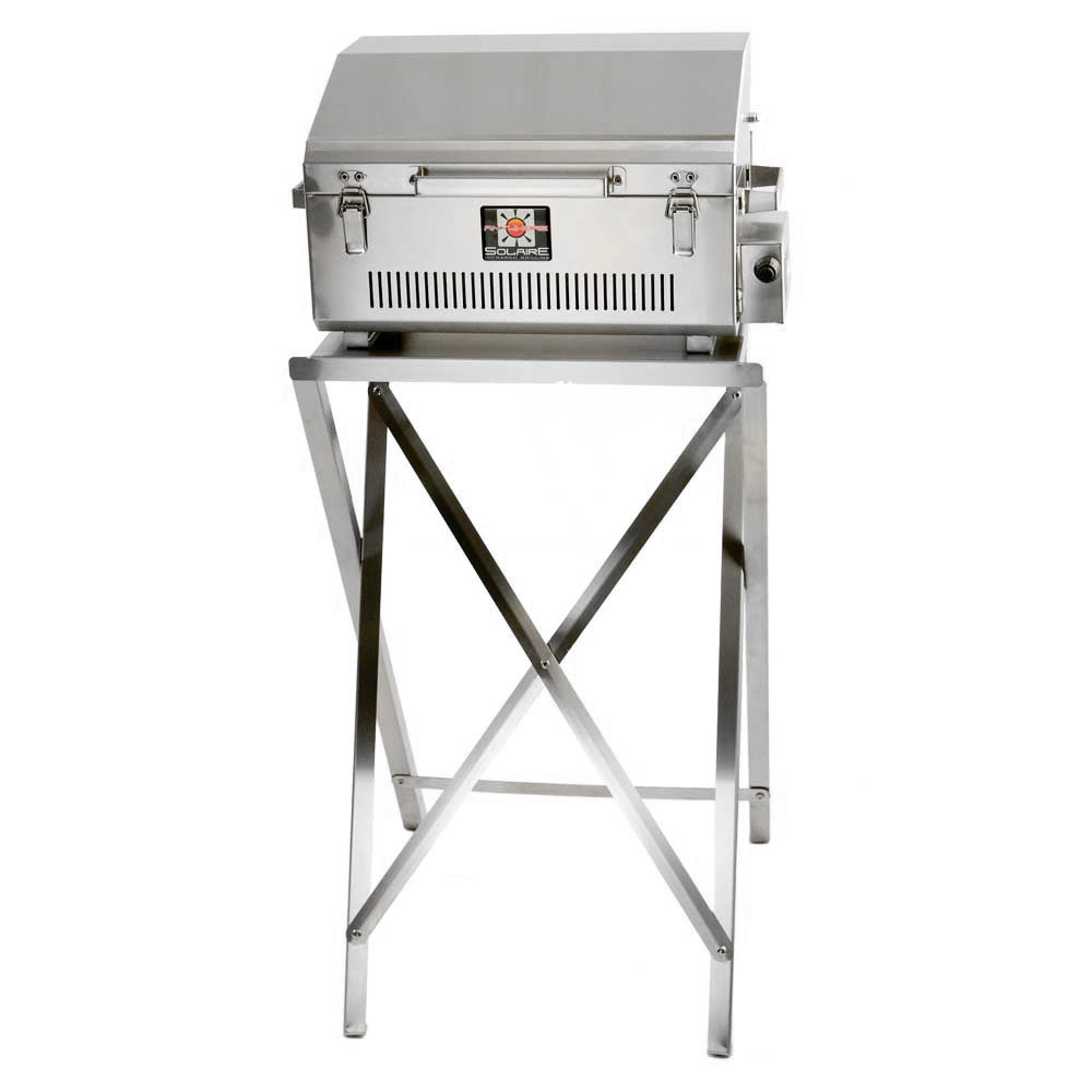Portable infrared grill with stainless steel stand, closed cabinet and front vent slots