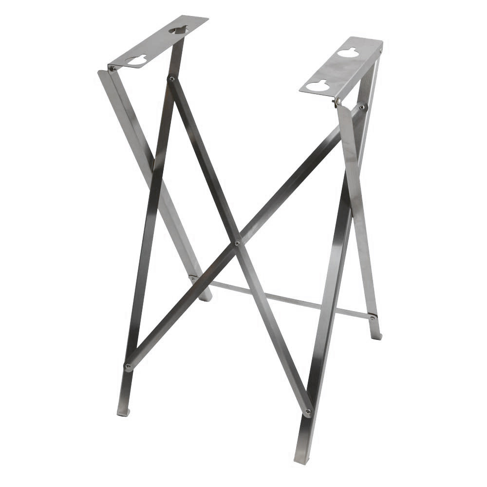 Portable infrared grill on folding stainless stand, angled view showing support legs