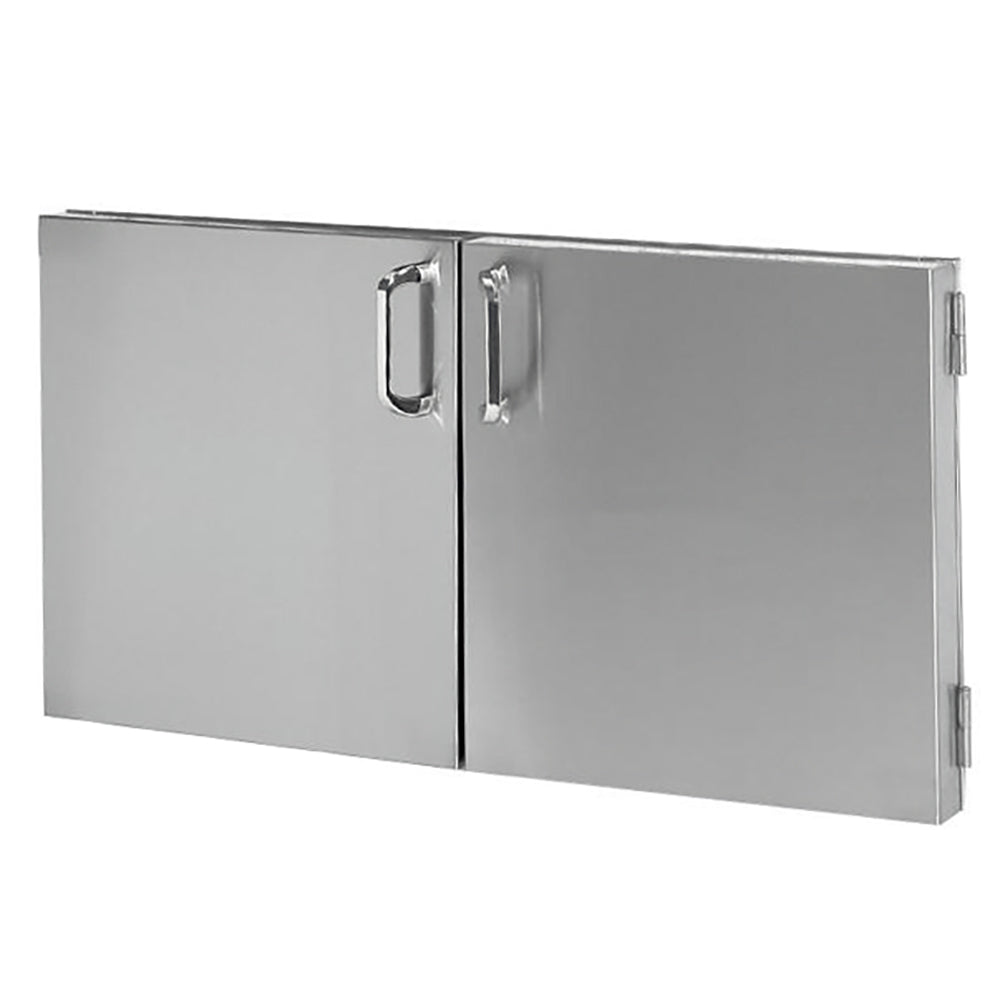 Double access doors with raised panels and central latch, brushed metal finish