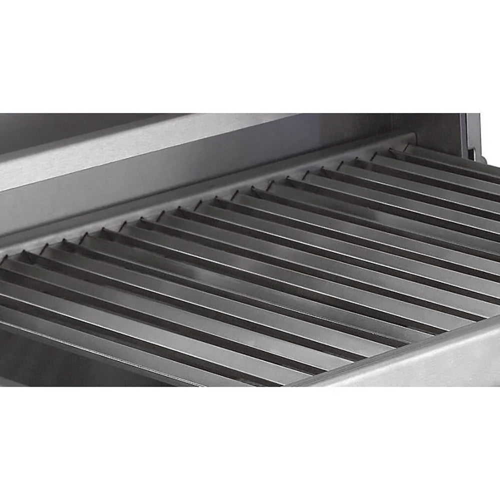 Stainless grill grate with parallel cooking bars in the firebox