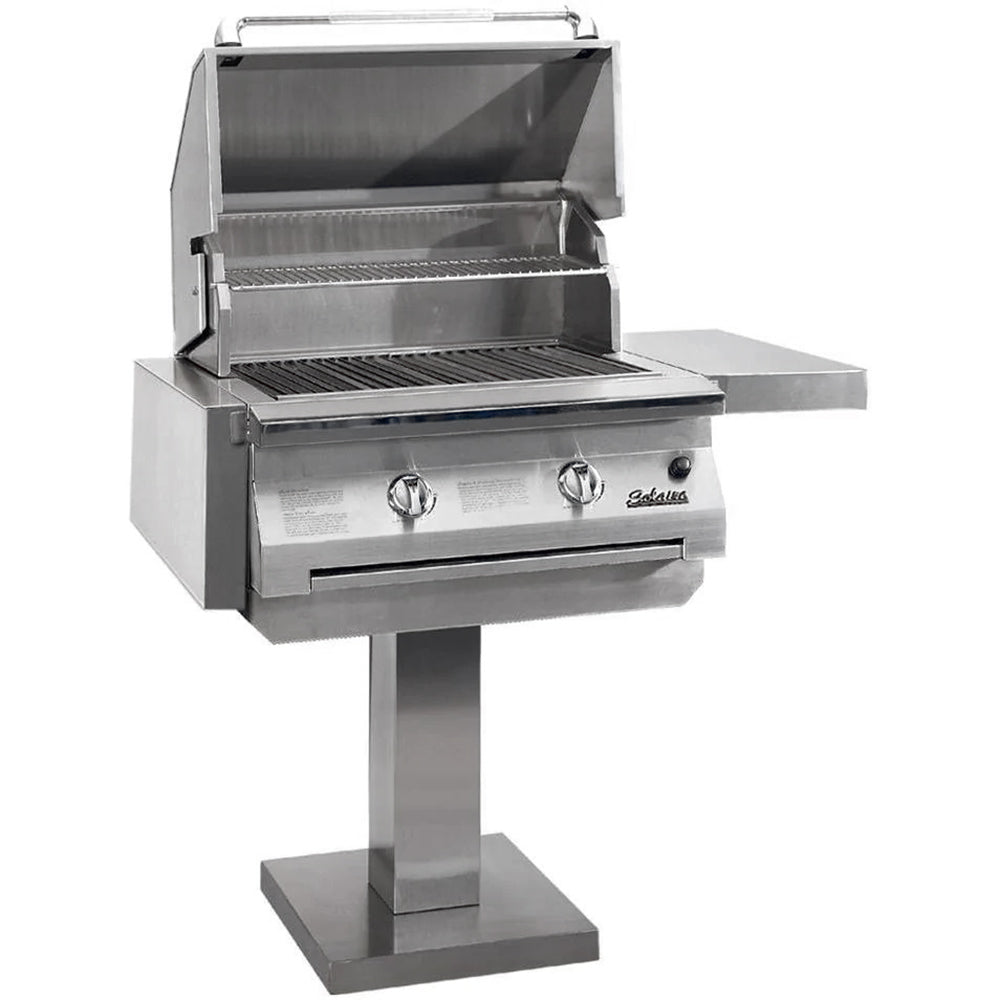 Solaire stainless gas grill with open hood and two control knobs on pedestal stand