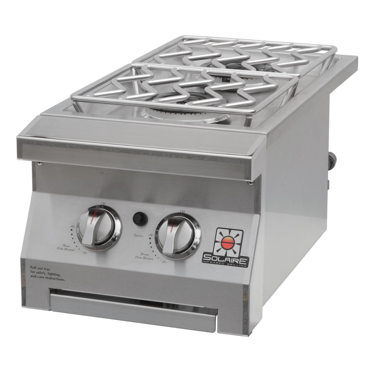 Stainless built-in double side burner with two control knobs and metal cooking grates