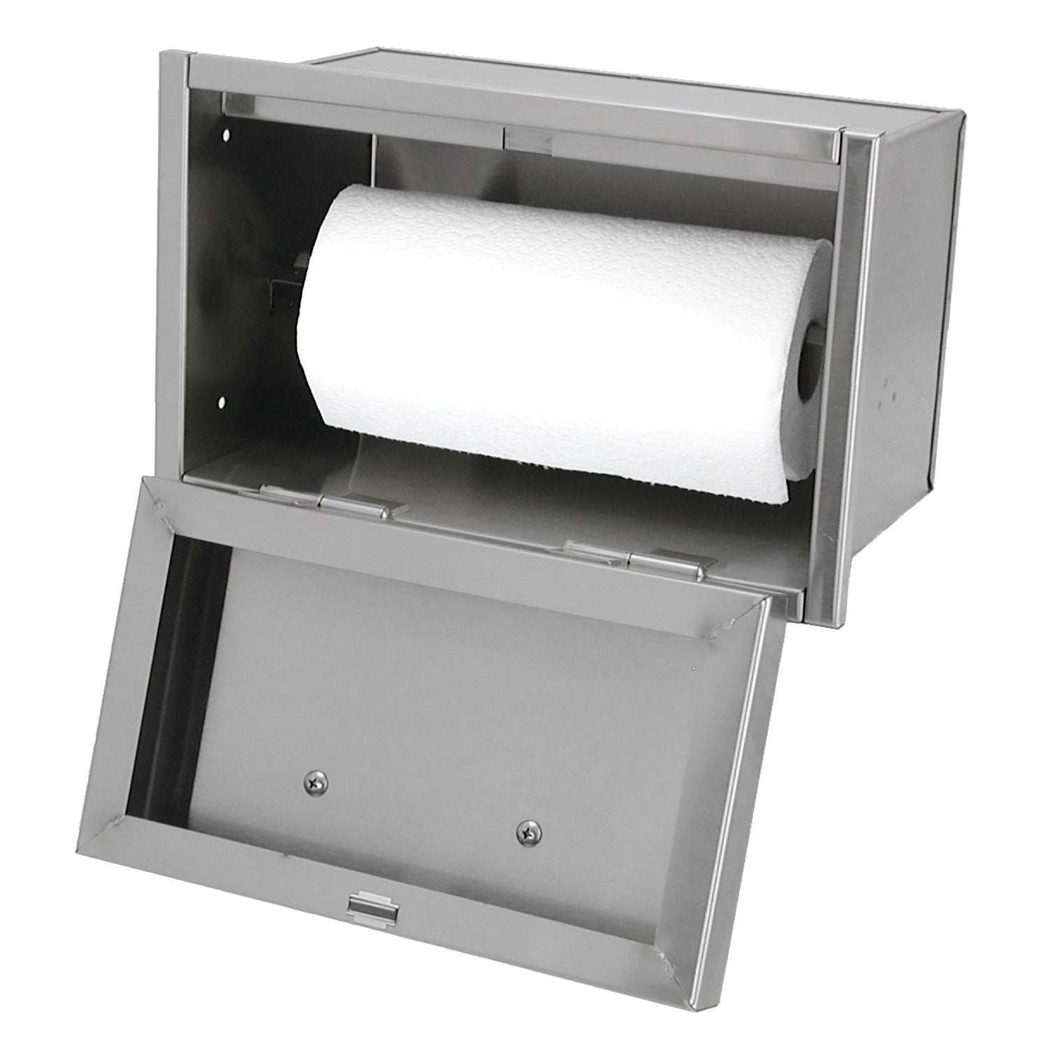 Stainless steel paper towel holder with open frame holding a paper towel roll
