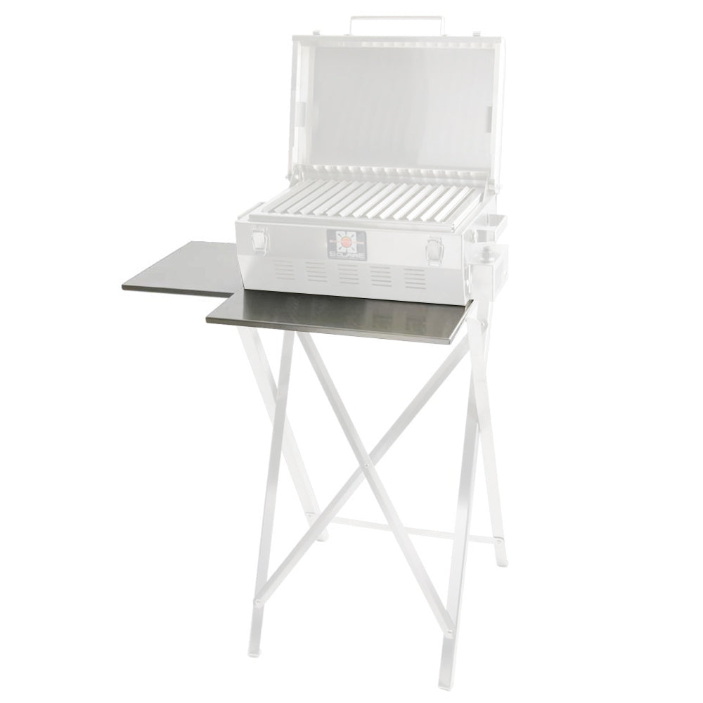 Grill side shelf set installed on white cart, gray tabletop surfaces