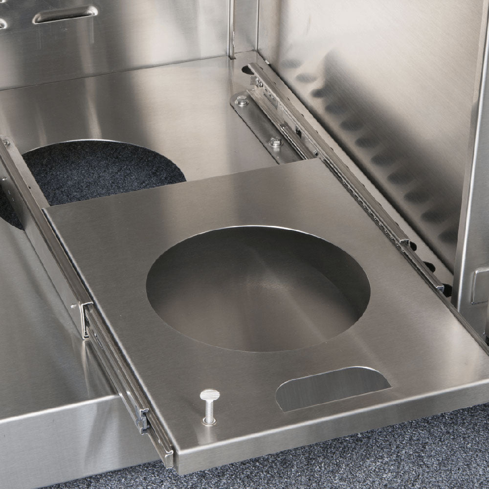 Stainless steel tank slide-out kit with circular cutout and access hatch