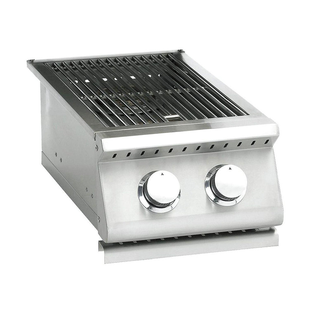 Stainless steel double side burner grill with two control knobs and black grate