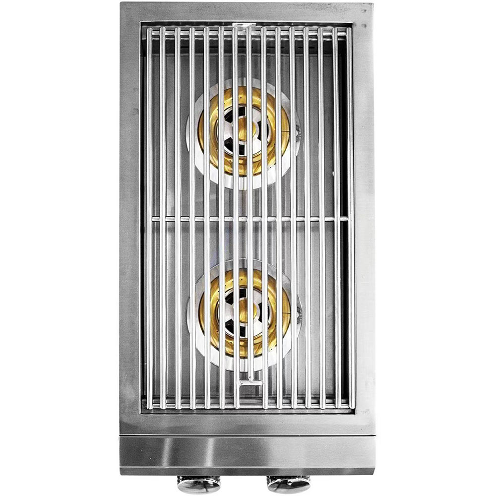 Built-in double side burner front with dual flame openings and stainless control panel