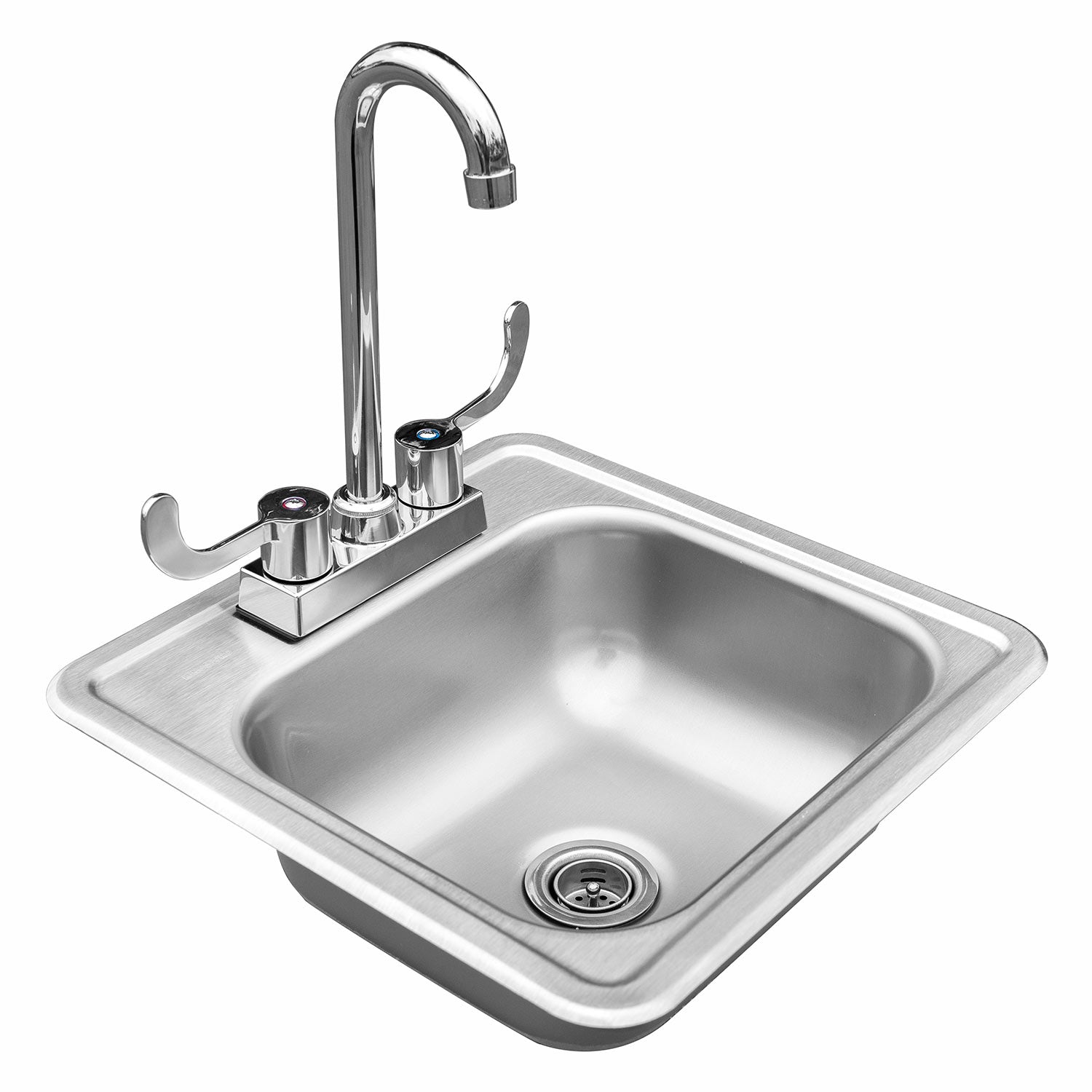 Stainless drop-in sink with tall single-handle faucet and side drain