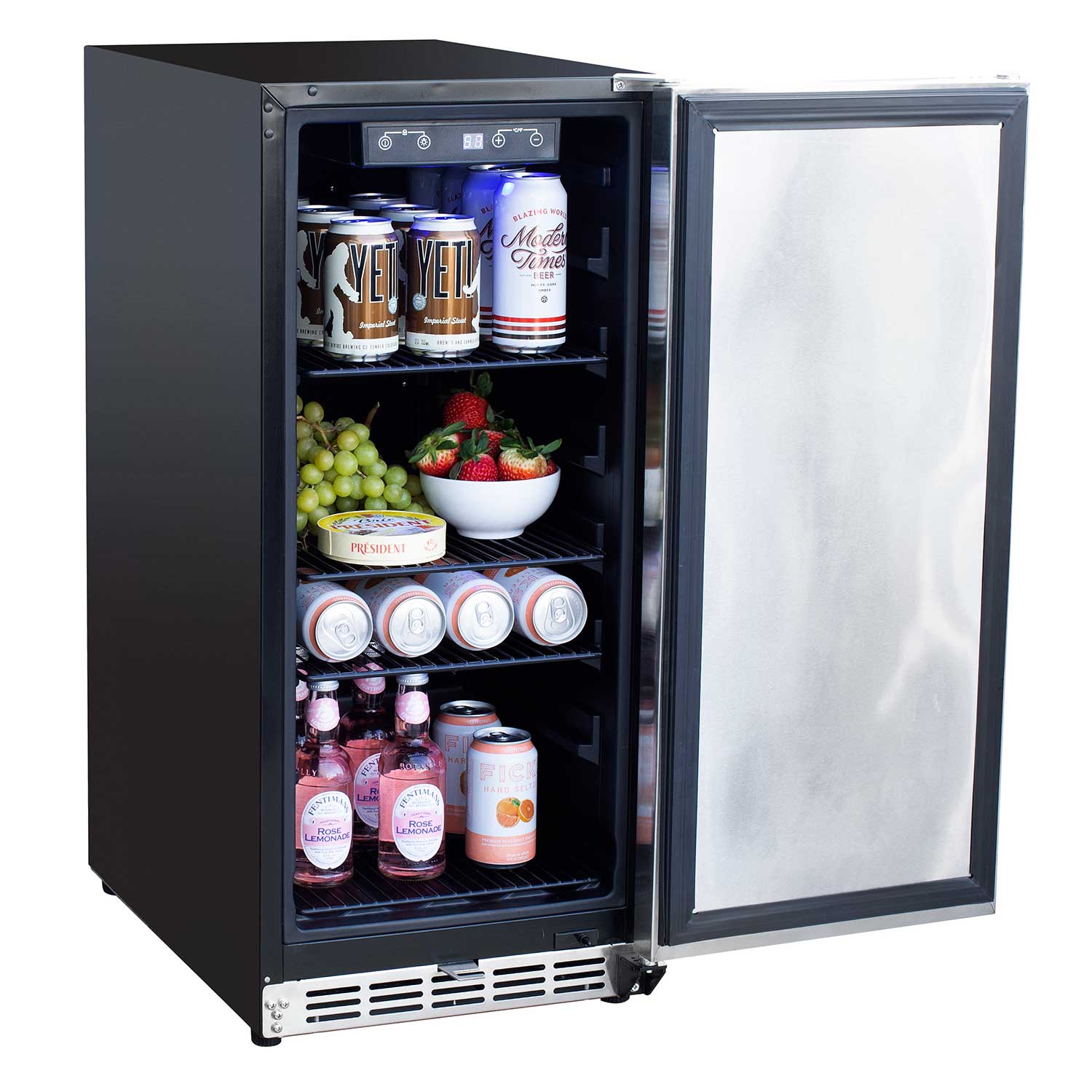 Stainless steel outdoor refrigerator with open door, interior shelves and bottle storage