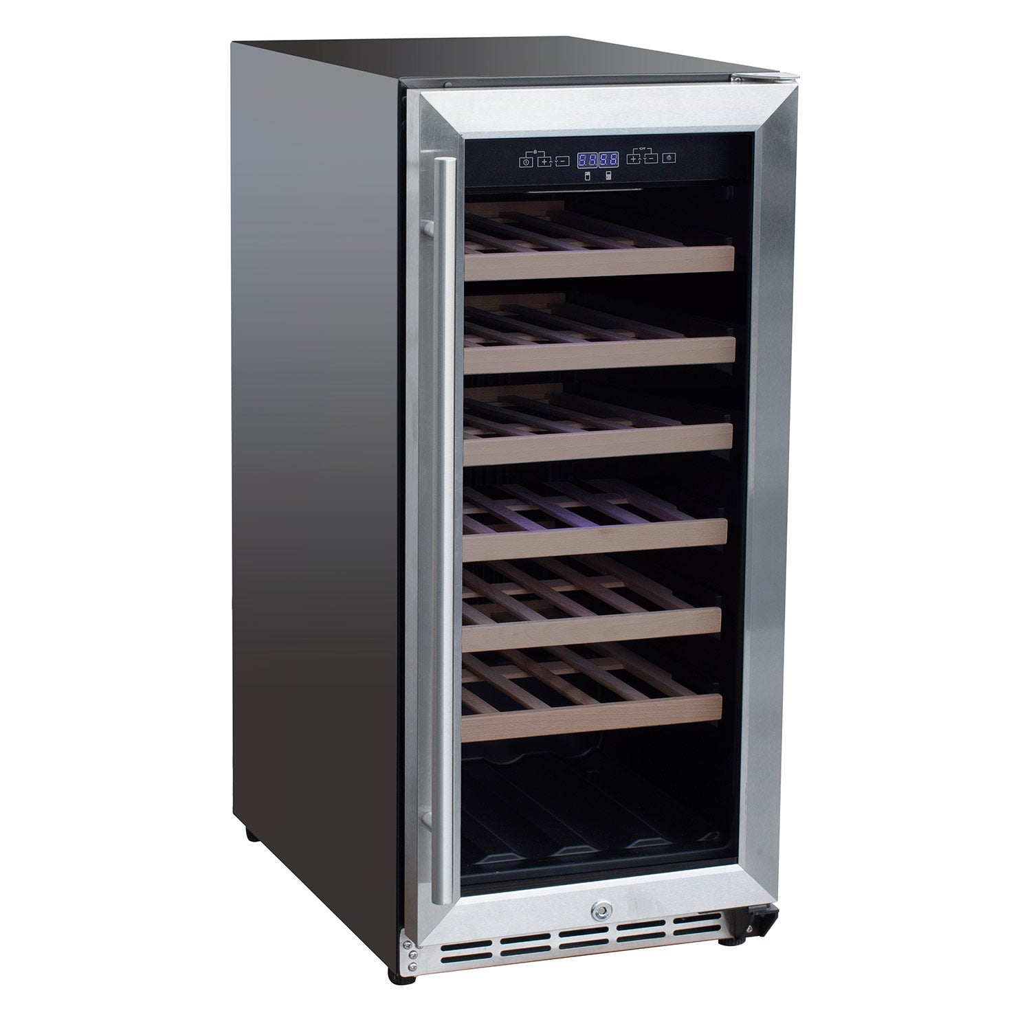 Outdoor wine cooler, stainless steel with open door and wooden wine shelves
