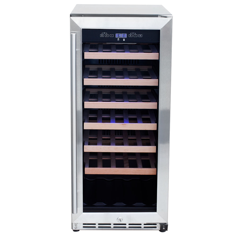Outdoor wine cooler with door open, front view of stacked wooden shelves, black interior