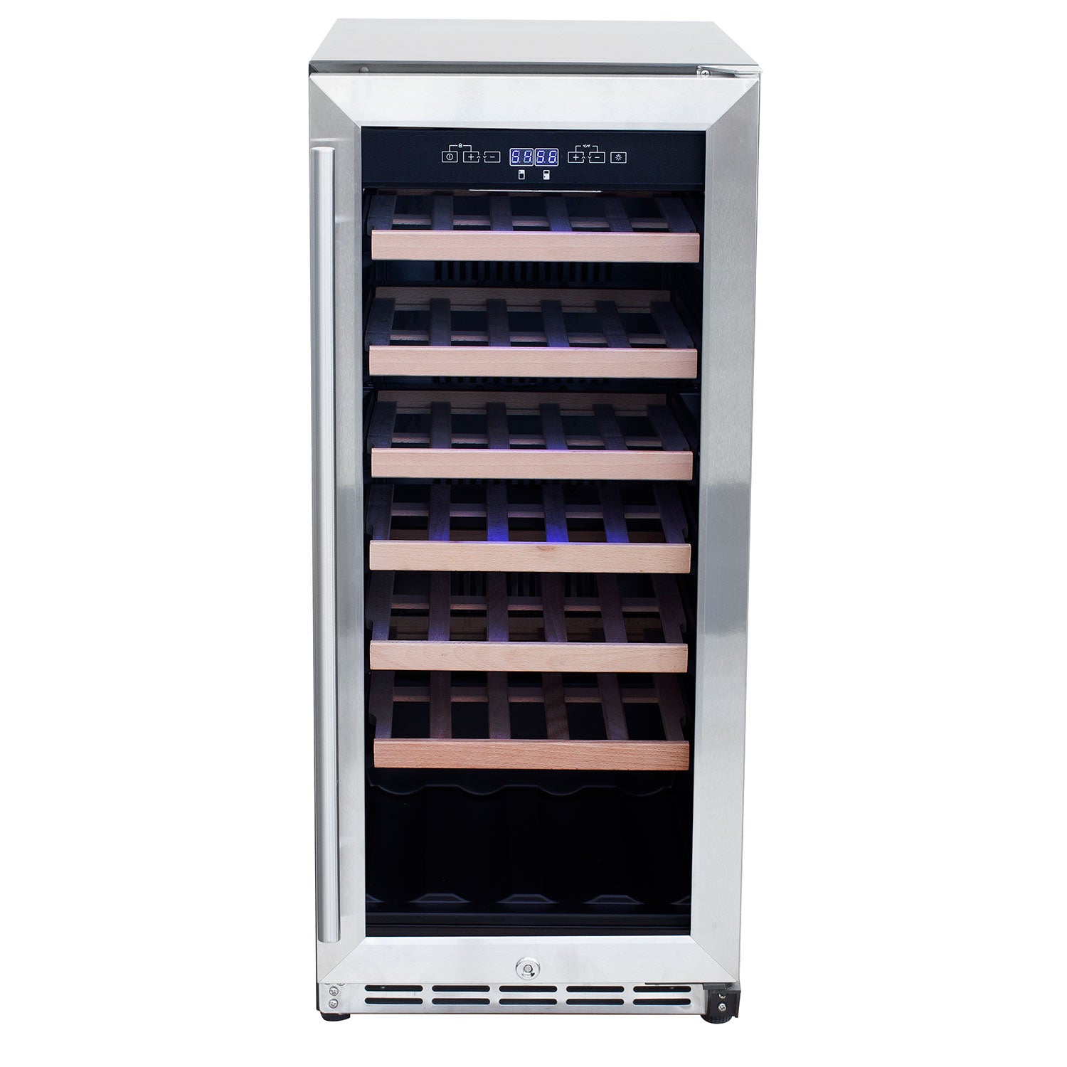 Outdoor wine cooler with door open, front view of stacked wooden shelves, black interior
